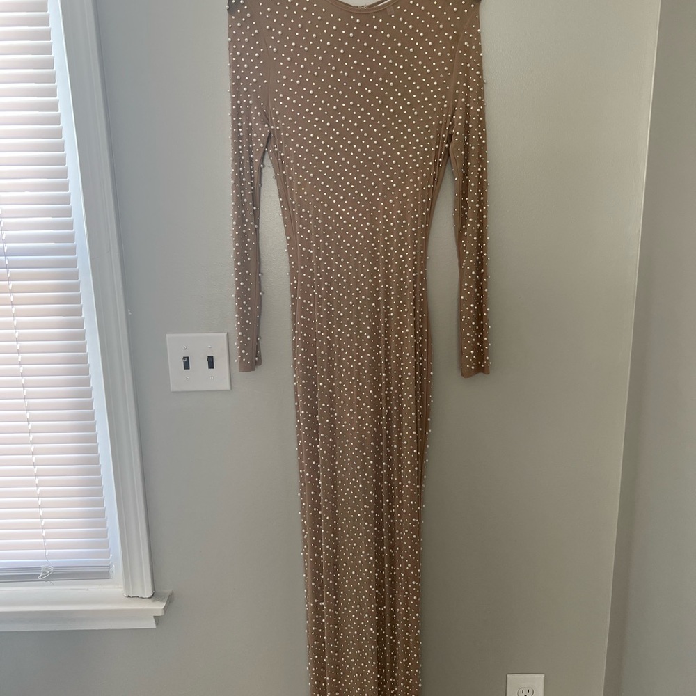 Fashionnova nude pearl embellished maxi dress